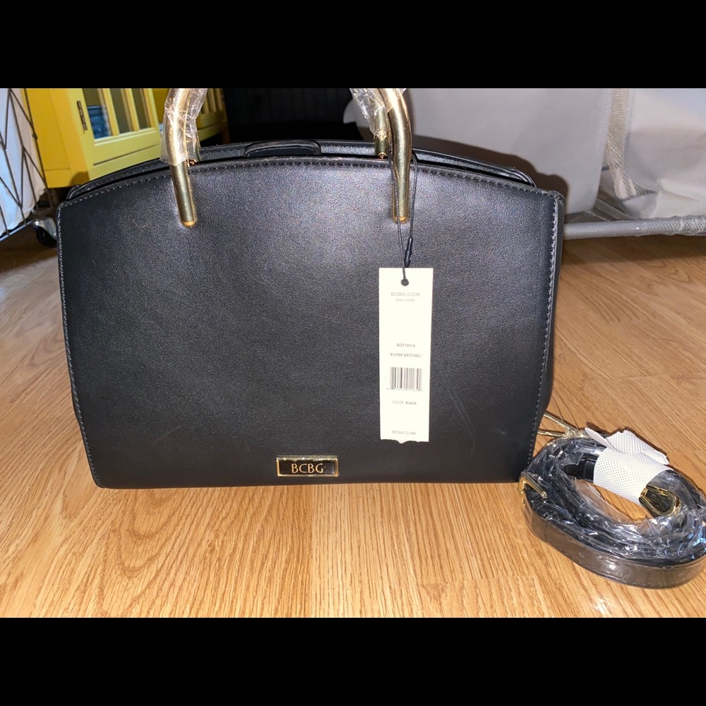 BCBG black leather handbag w/ gold accents